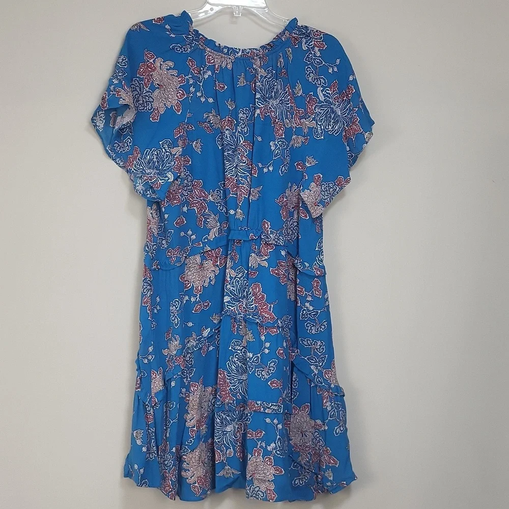 By ANTHROPOLOGIE Blue Robin Tiered Floral Mini Dress Size L - Picture 9 of 15
